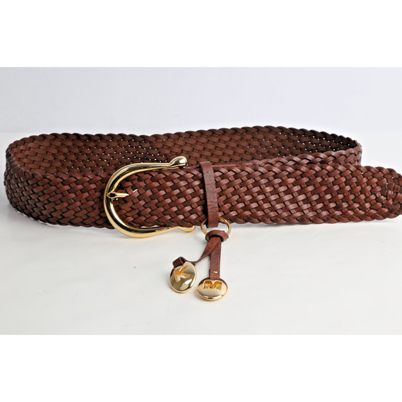 Michael Kors Belt Brown Braided Leather Gold Buckle Weave Boho Size L - Picture 2 of 16